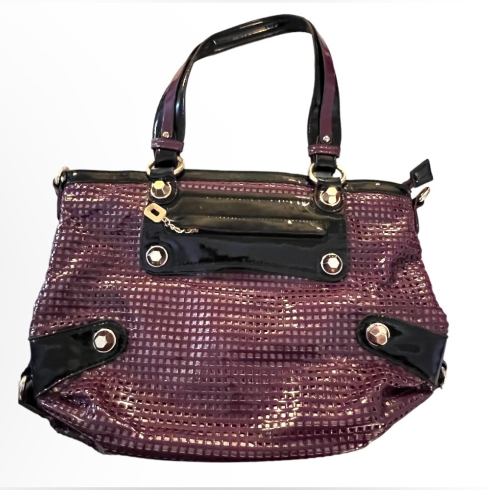 Purple Black Multiple Compartment Textured Handbag Purse Satchel